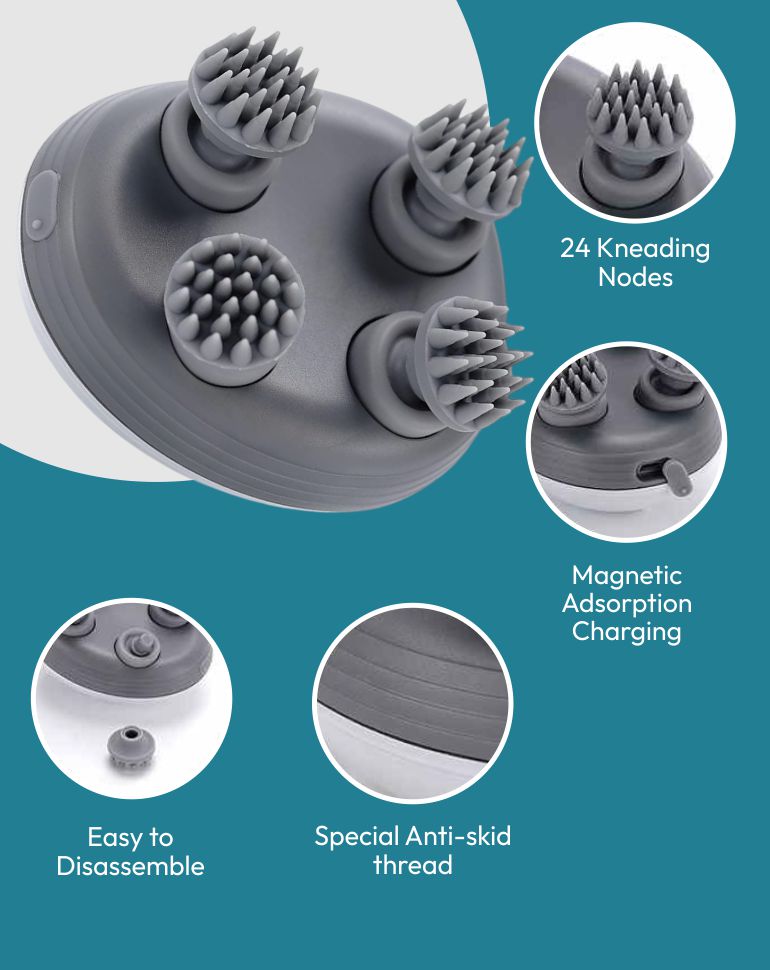 Smart Scalp Massager | Rechargeable & Portable Head Massager with 4 Rotating Nodes for Hair Growth, Relaxation & Stress Relief Massager